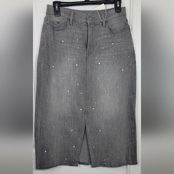 a.n.a Womens High Rise Stretch Fabric Midi Denim Rhinestones Skirt Size 2 Grey - Picture 3 of 8